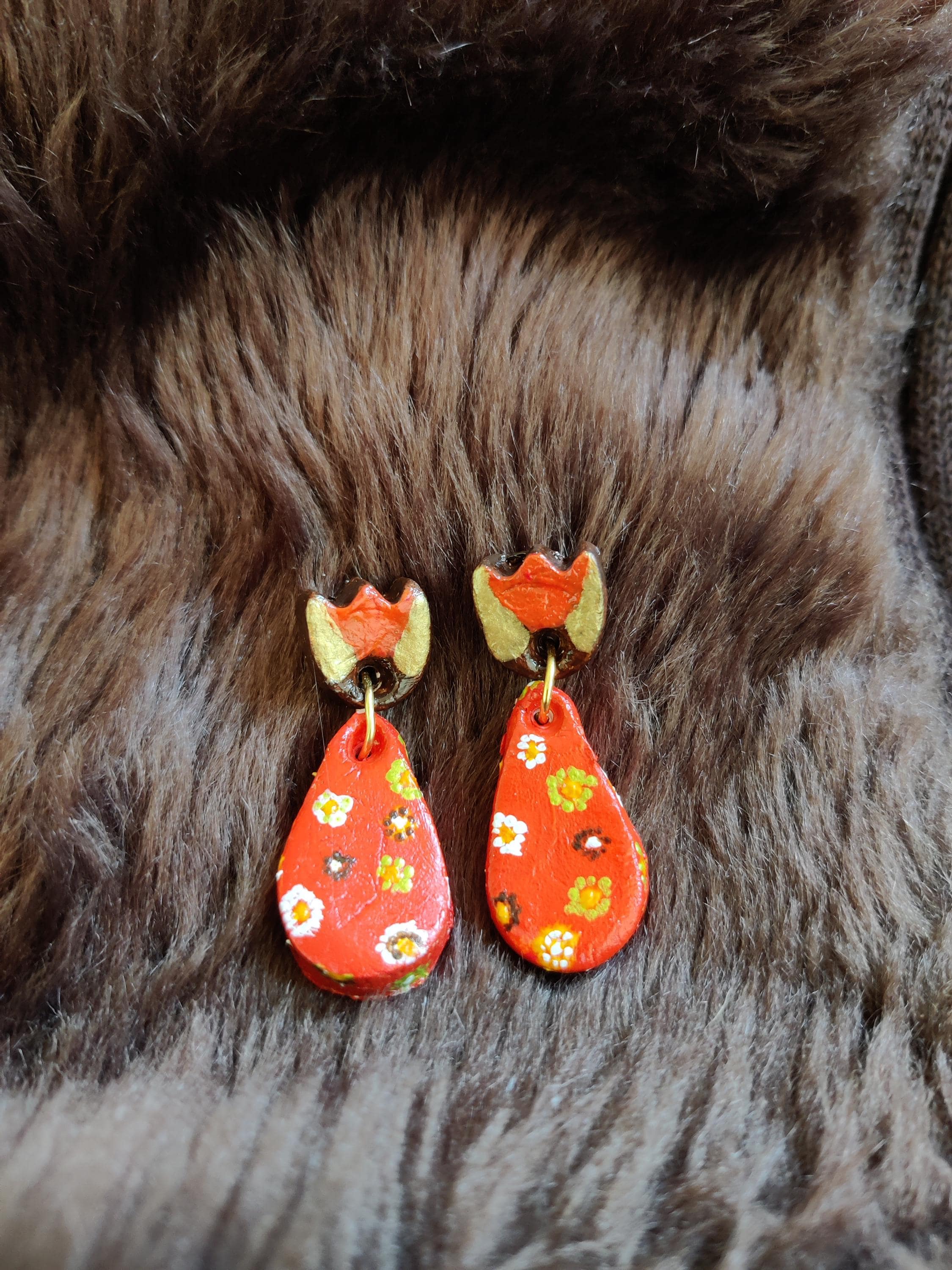 Crown & Teardrop Clay Earrings  Vibrant Orange and Brown  Floral Petal Detail