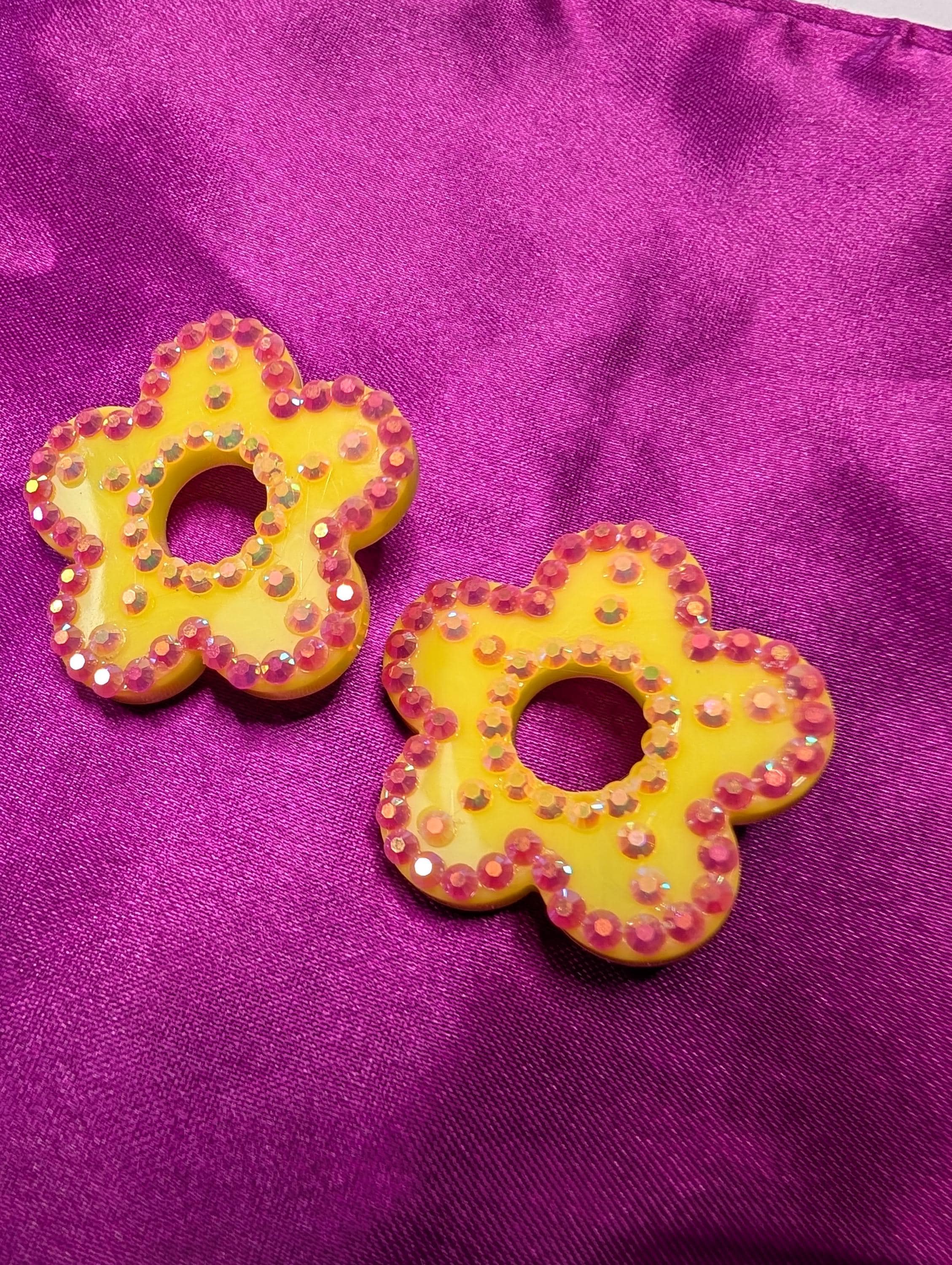 Bright Yellow Resin Flower Earrings with Hot Pink and Gold Rhinestone Embellishments Bold Statement Jewelry for Women
