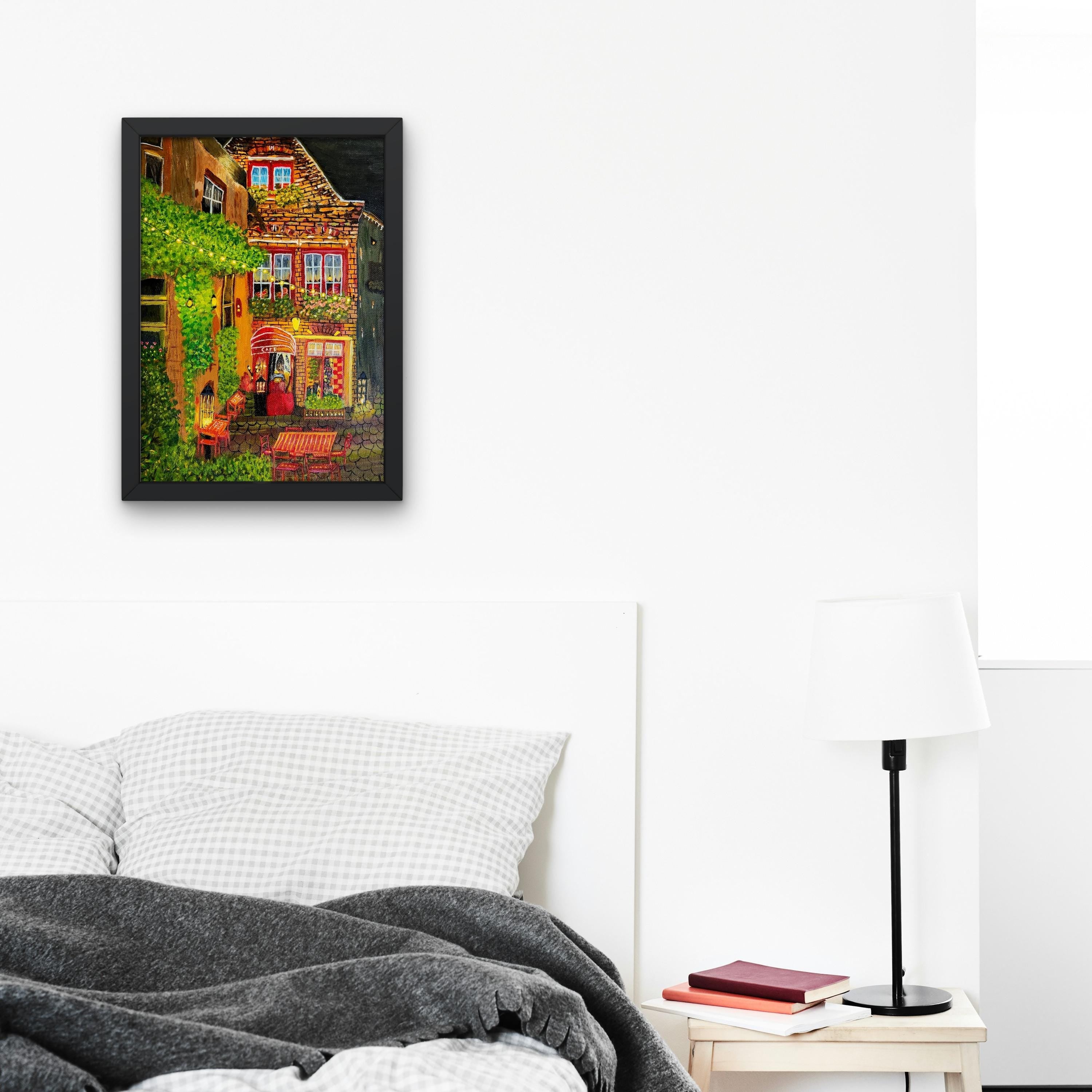 Brugge Night Street Scene Art Print  Charming Cafe & Fairyland Lights