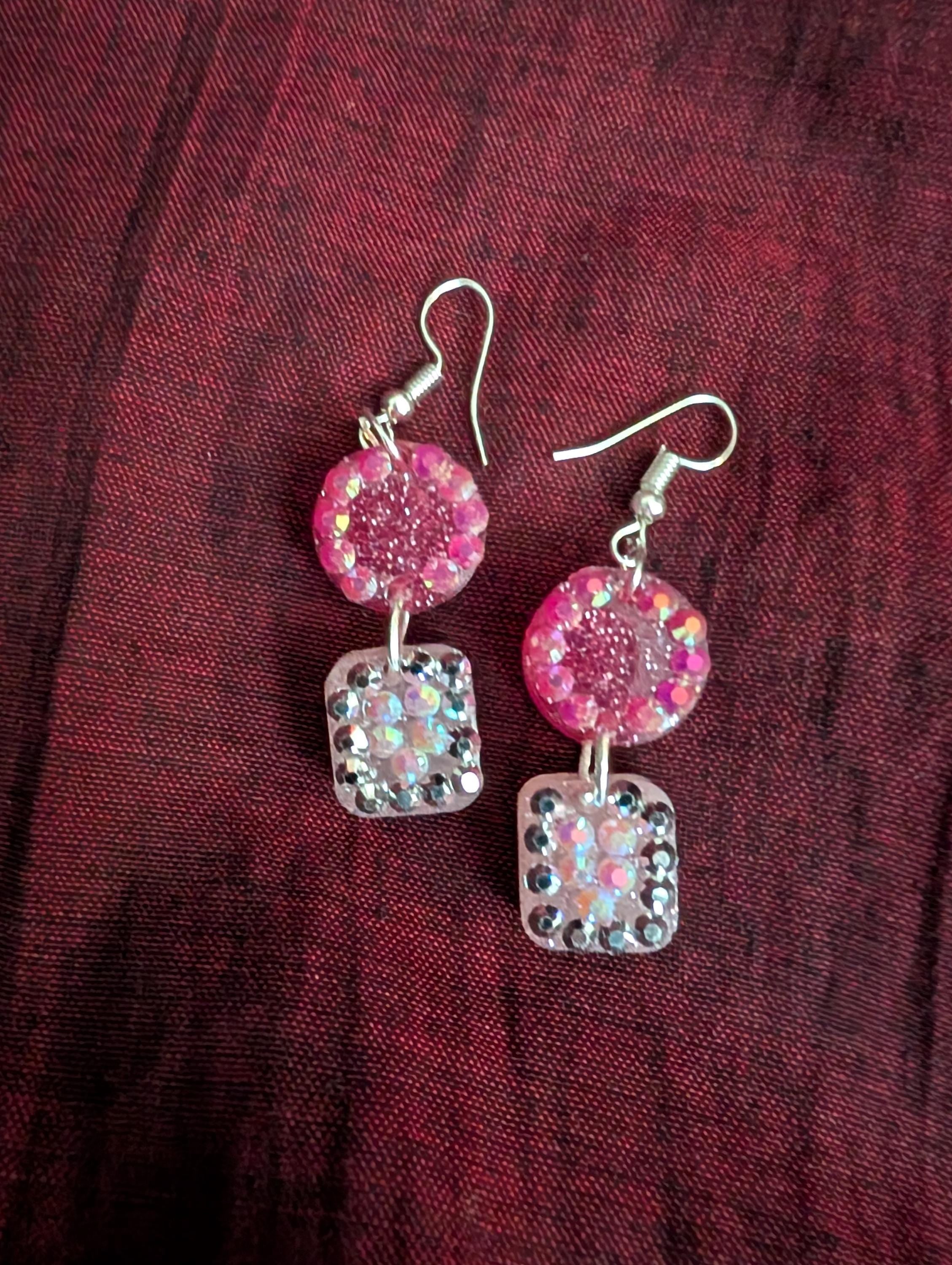 Double Drop Resin Earrings | Dark Red & Shimmery Pink with Rhinestones | Medium-Sized Statement Jewelry | Lightweight Handmade Gifts