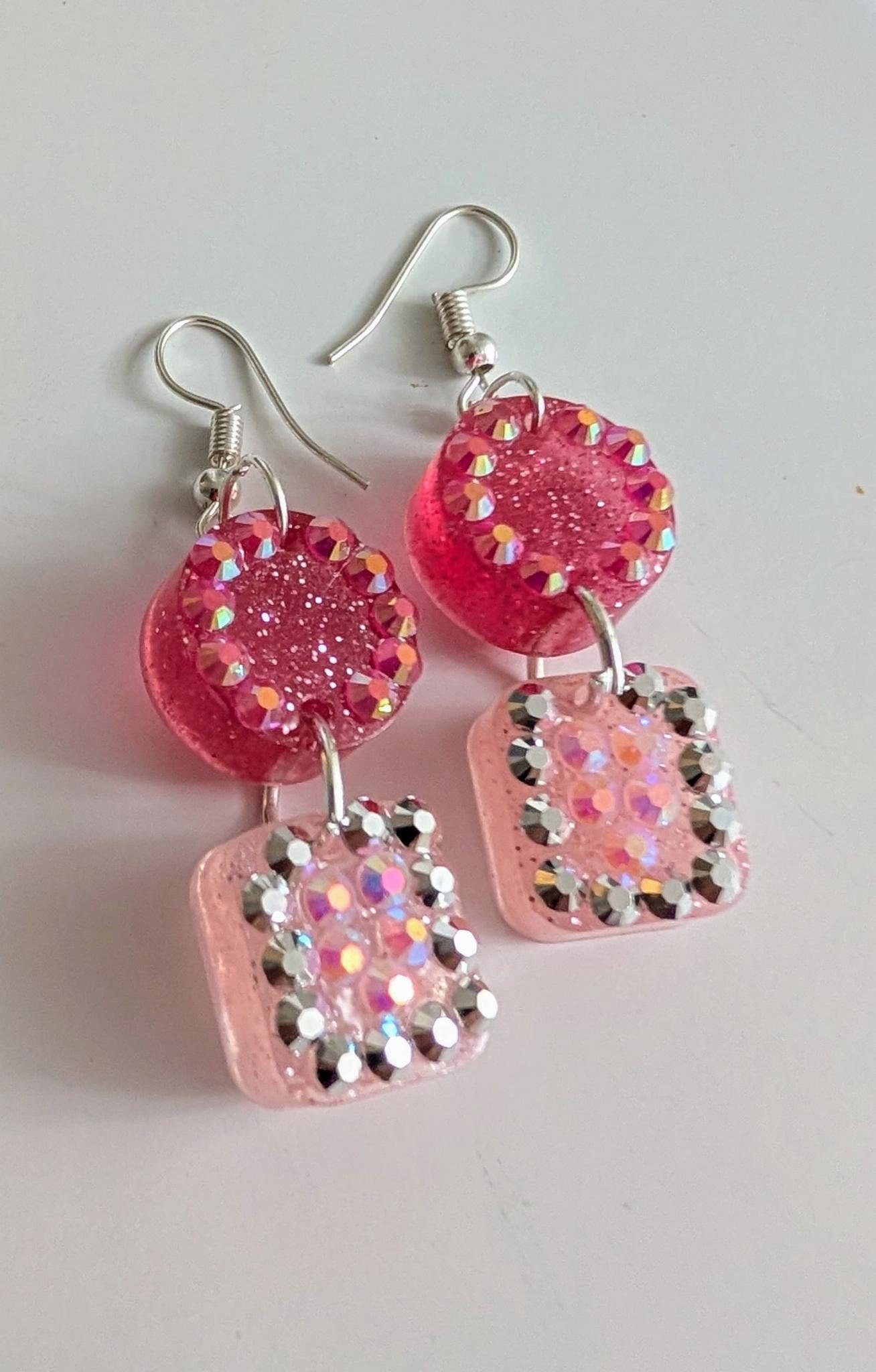 Double Drop Resin Earrings | Dark Red & Shimmery Pink with Rhinestones | Medium-Sized Statement Jewelry | Lightweight Handmade Gifts