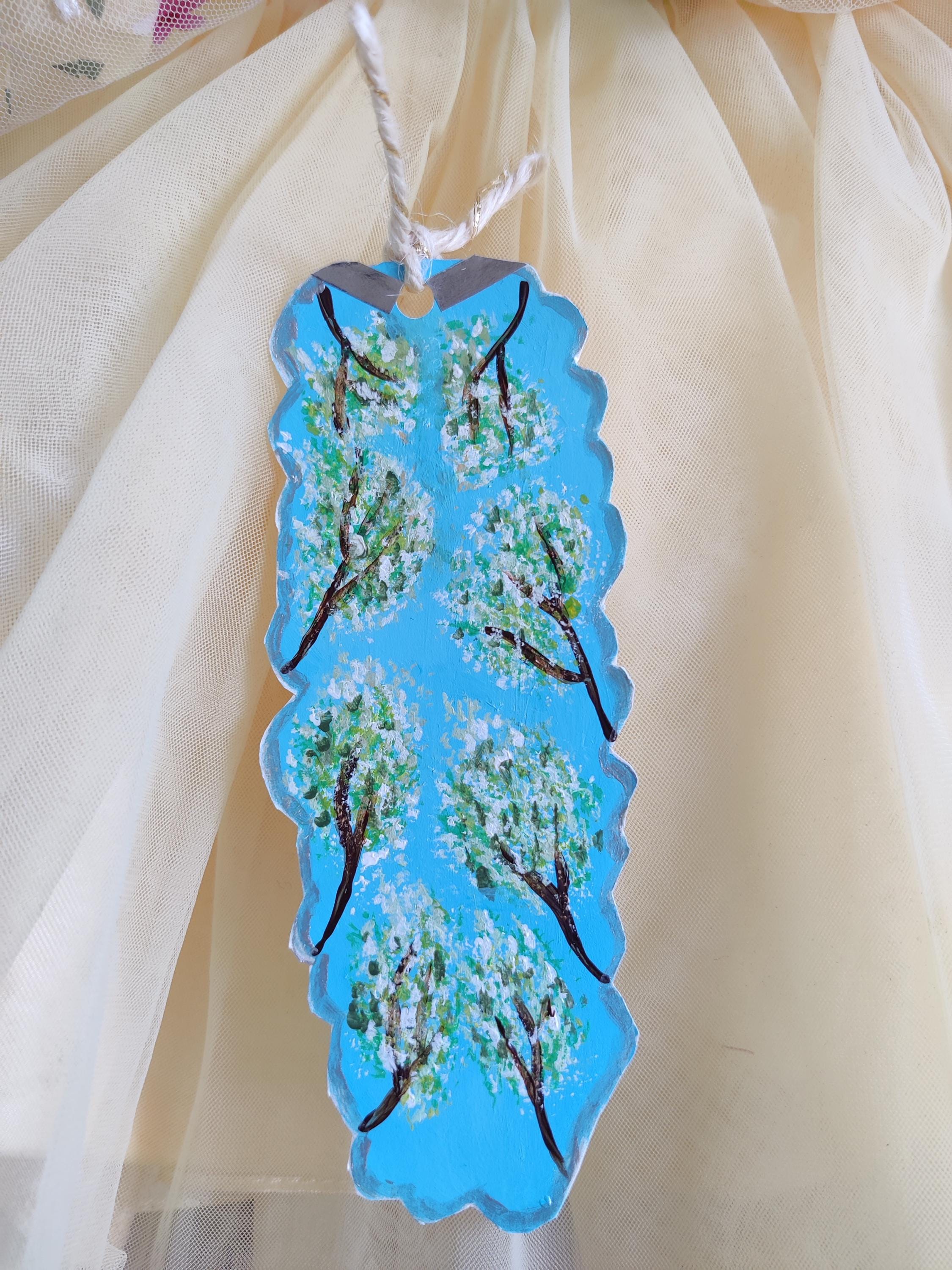 Dreamy Cloudscape Bookmark  Hand-Painted Acrylic with Trees and Blue Sky