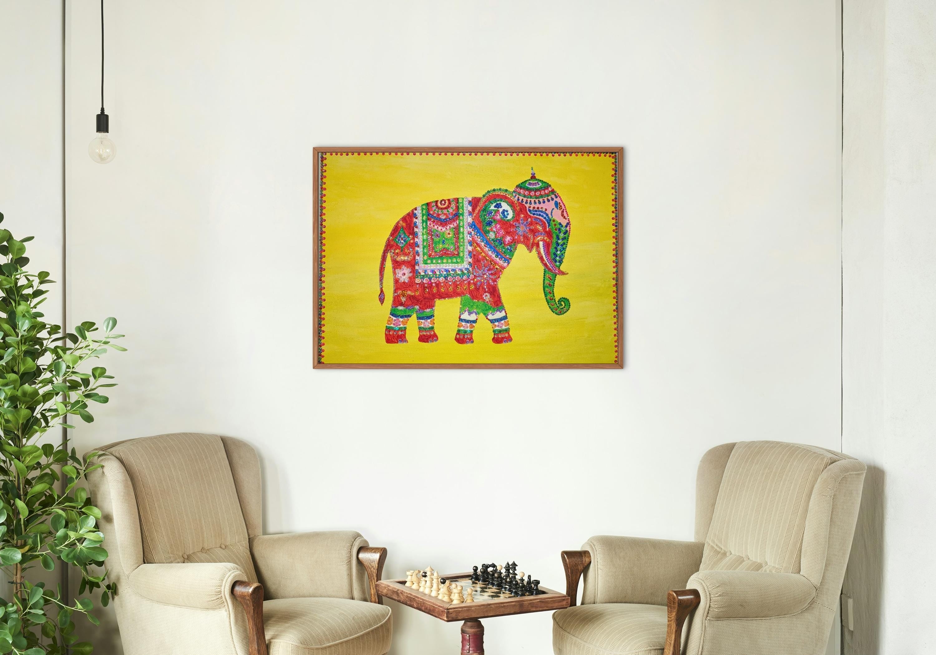 Vibrant Indian Elephant Canvas Art Rhinestone Embellished Decor