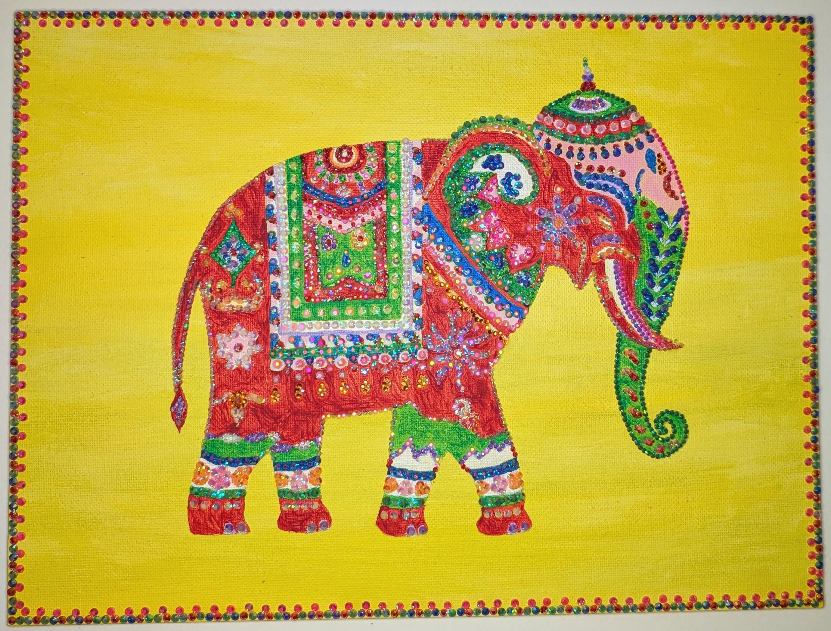 Vibrant Indian Elephant Canvas Art Rhinestone Embellished Decor