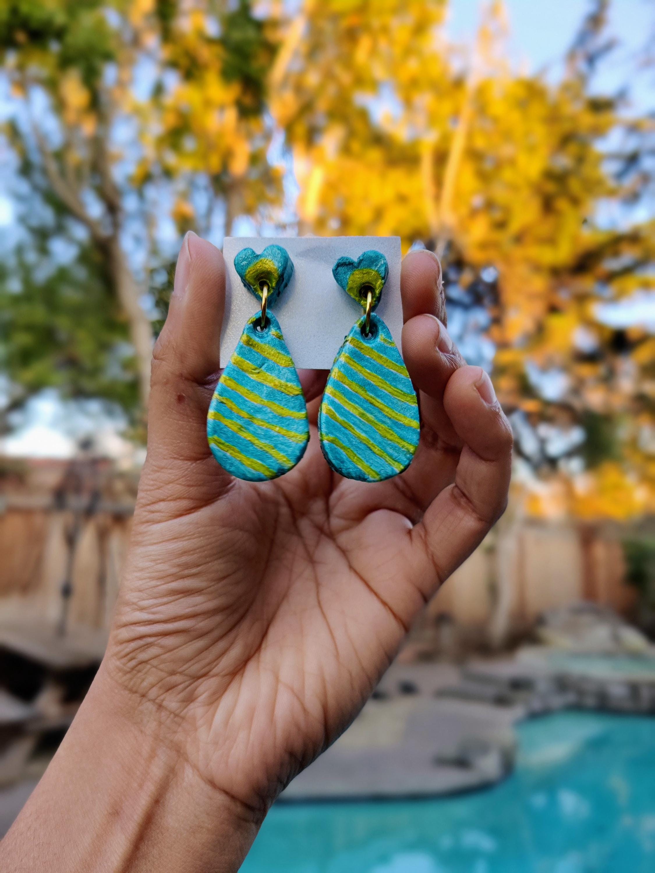 100% Handmade Gorgeous Clay Earrings   Striped Heart and Teardrop Design in Green and Peacock Blue