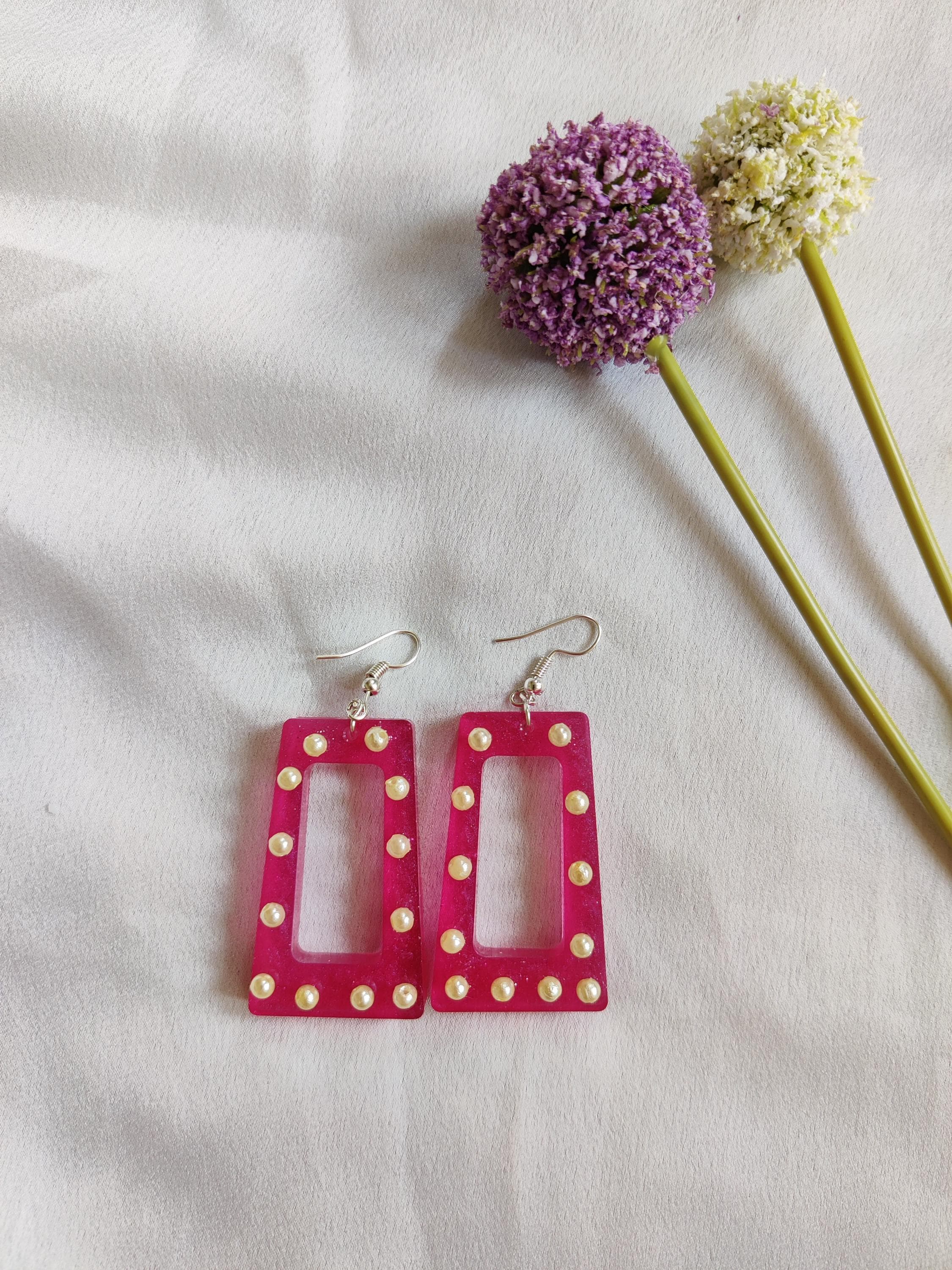 Red Rectangle Resin Earrings with Pearls  Bold Elegance Awaits