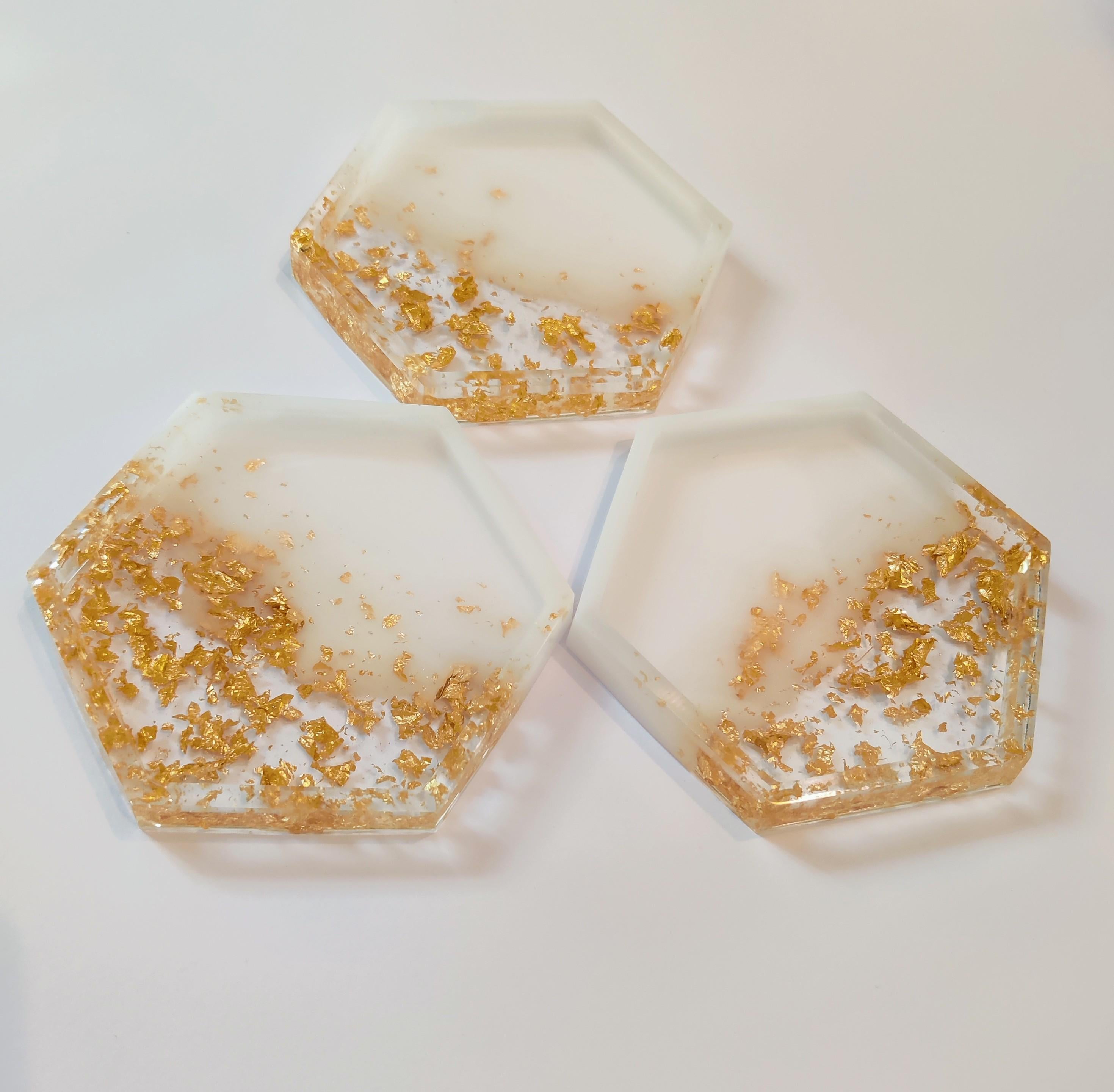 Triple Set Resin Hexagon Coasters with Milky White & Gold Flakes Elevate Your Decor