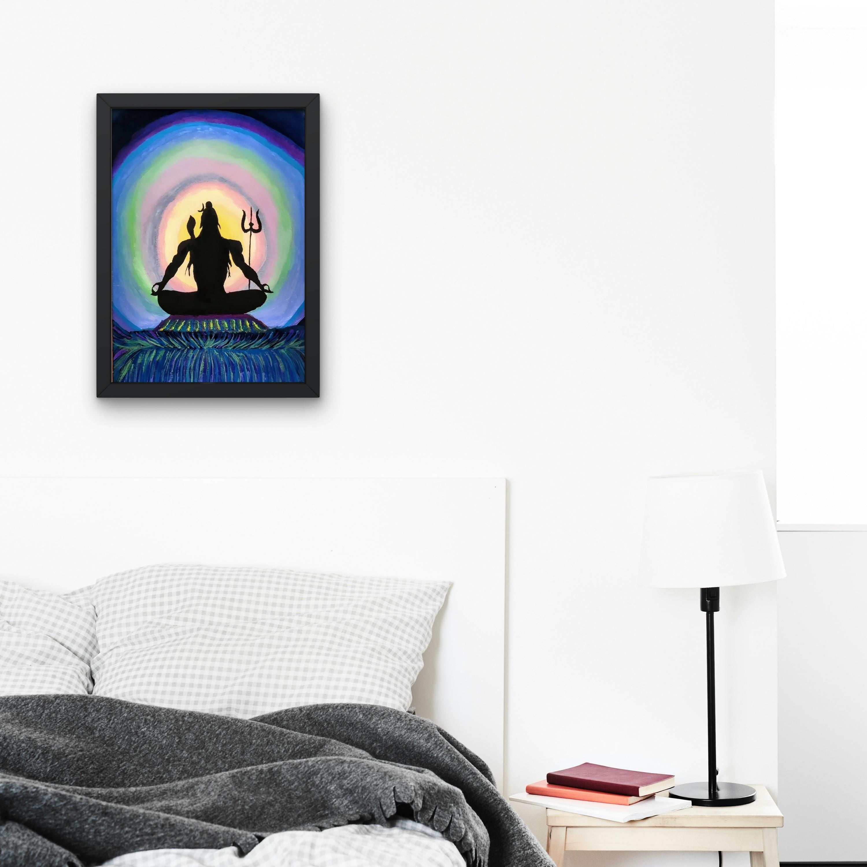 Lord Shiva Meditative Gouache Art Print Spiritual in Blue and Green Highlights