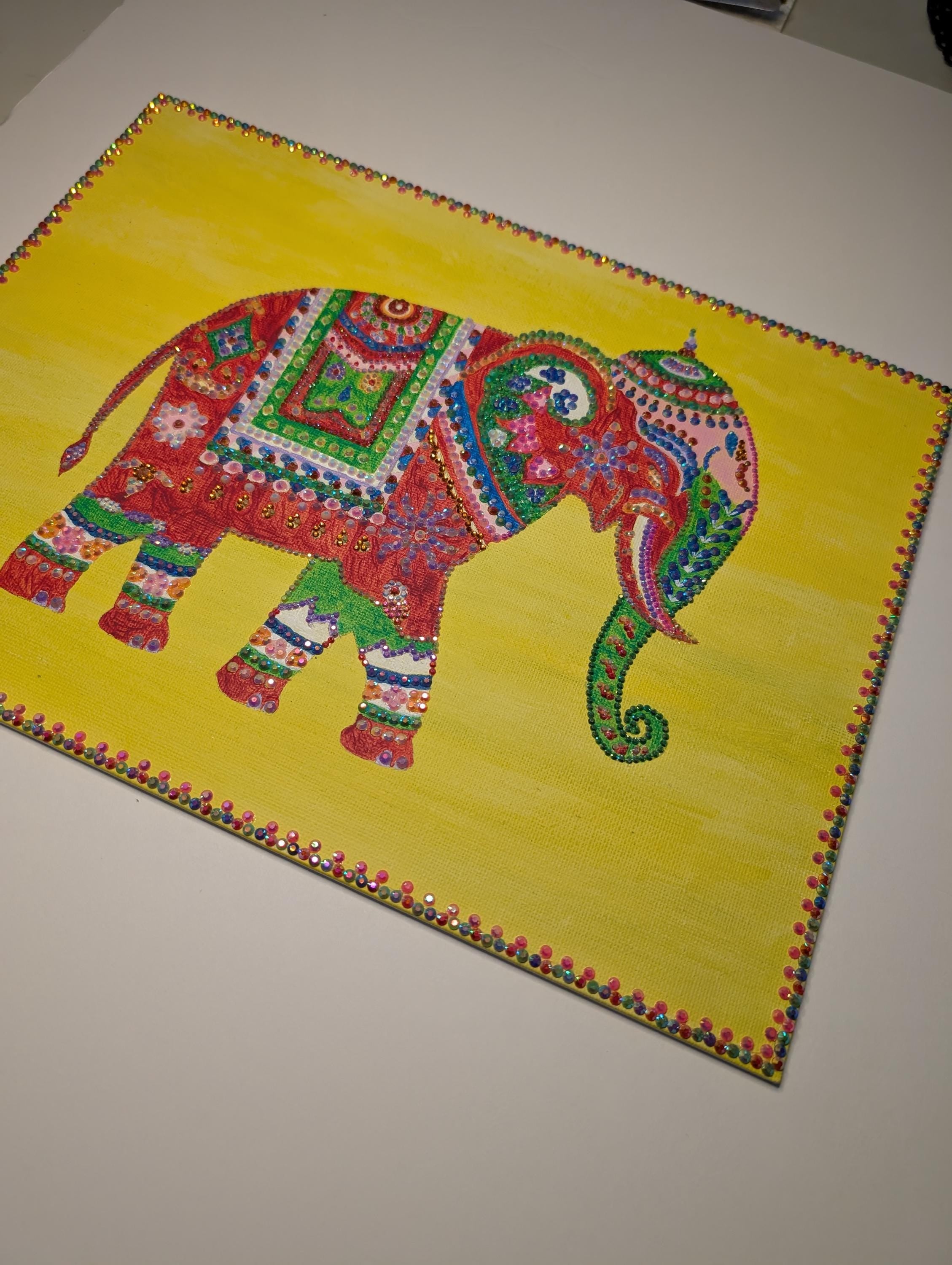 Vibrant Indian Elephant Canvas Art Rhinestone Embellished Decor