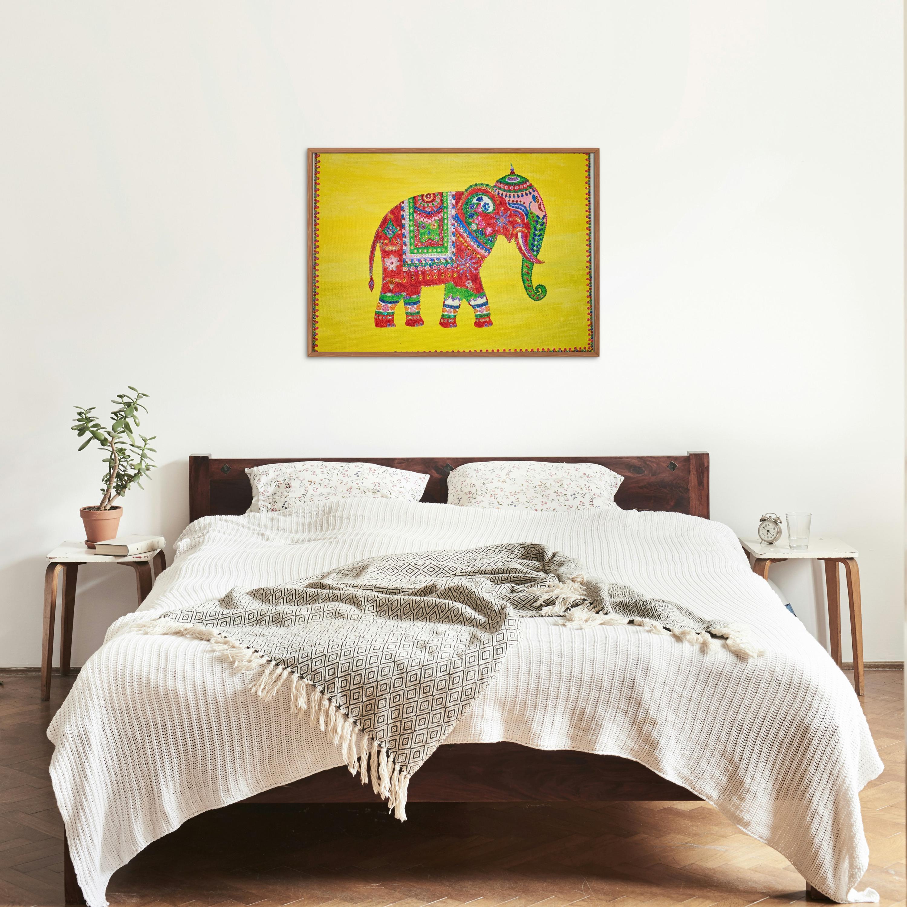 Vibrant Indian Elephant Canvas Art Rhinestone Embellished Decor