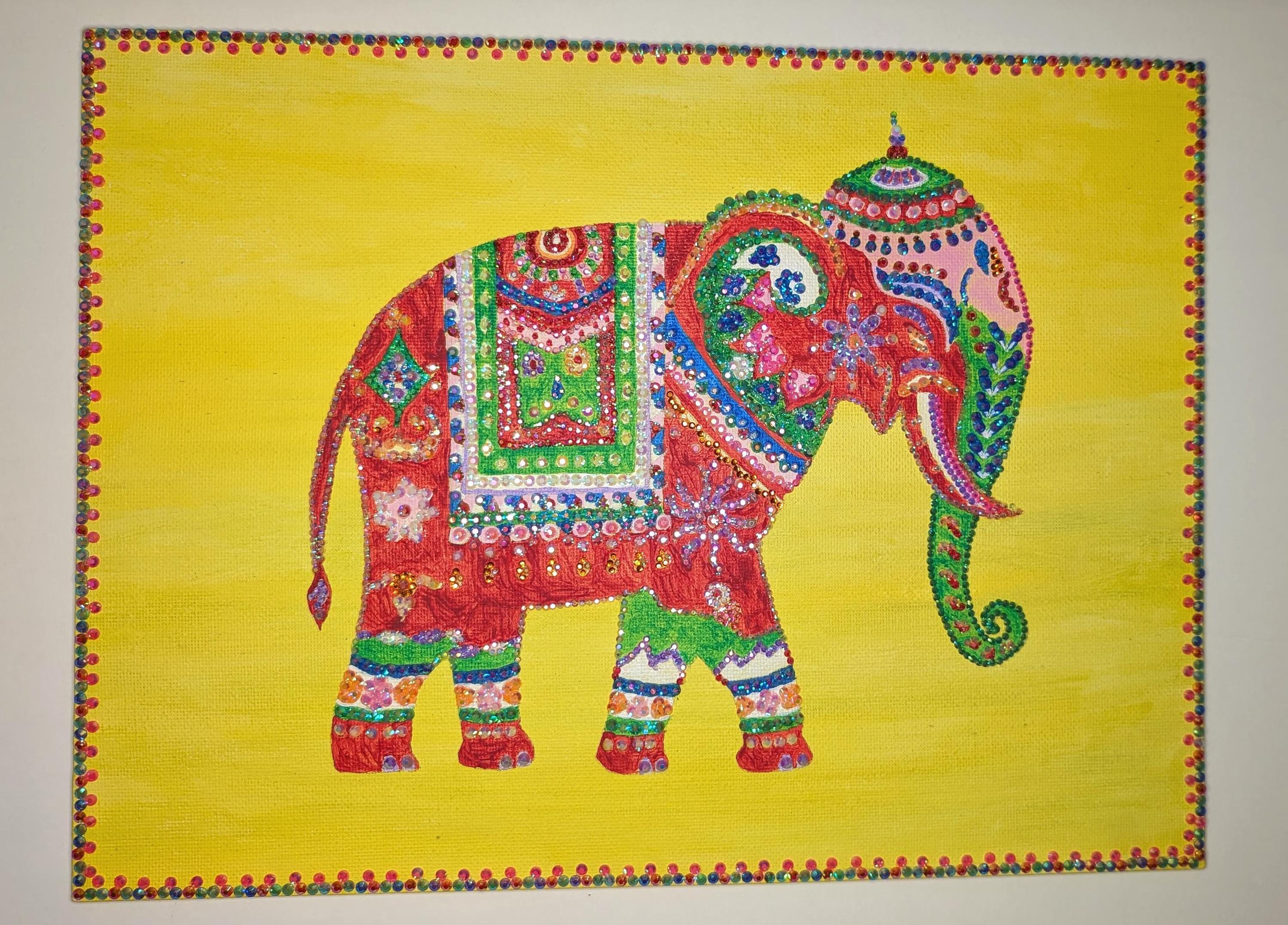 Vibrant Indian Elephant Canvas Art Rhinestone Embellished Decor