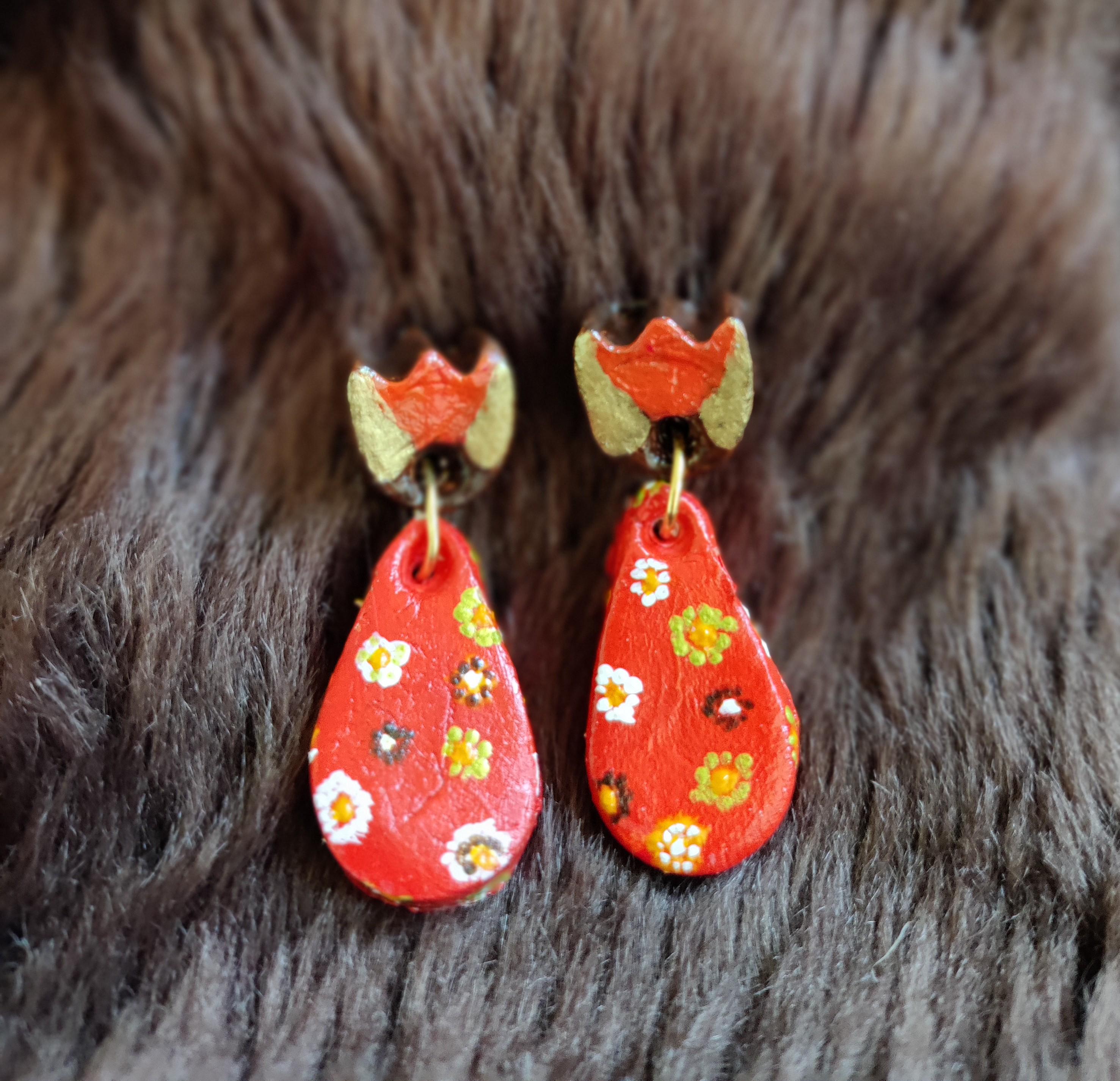 Crown & Teardrop Clay Earrings  Vibrant Orange and Brown  Floral Petal Detail