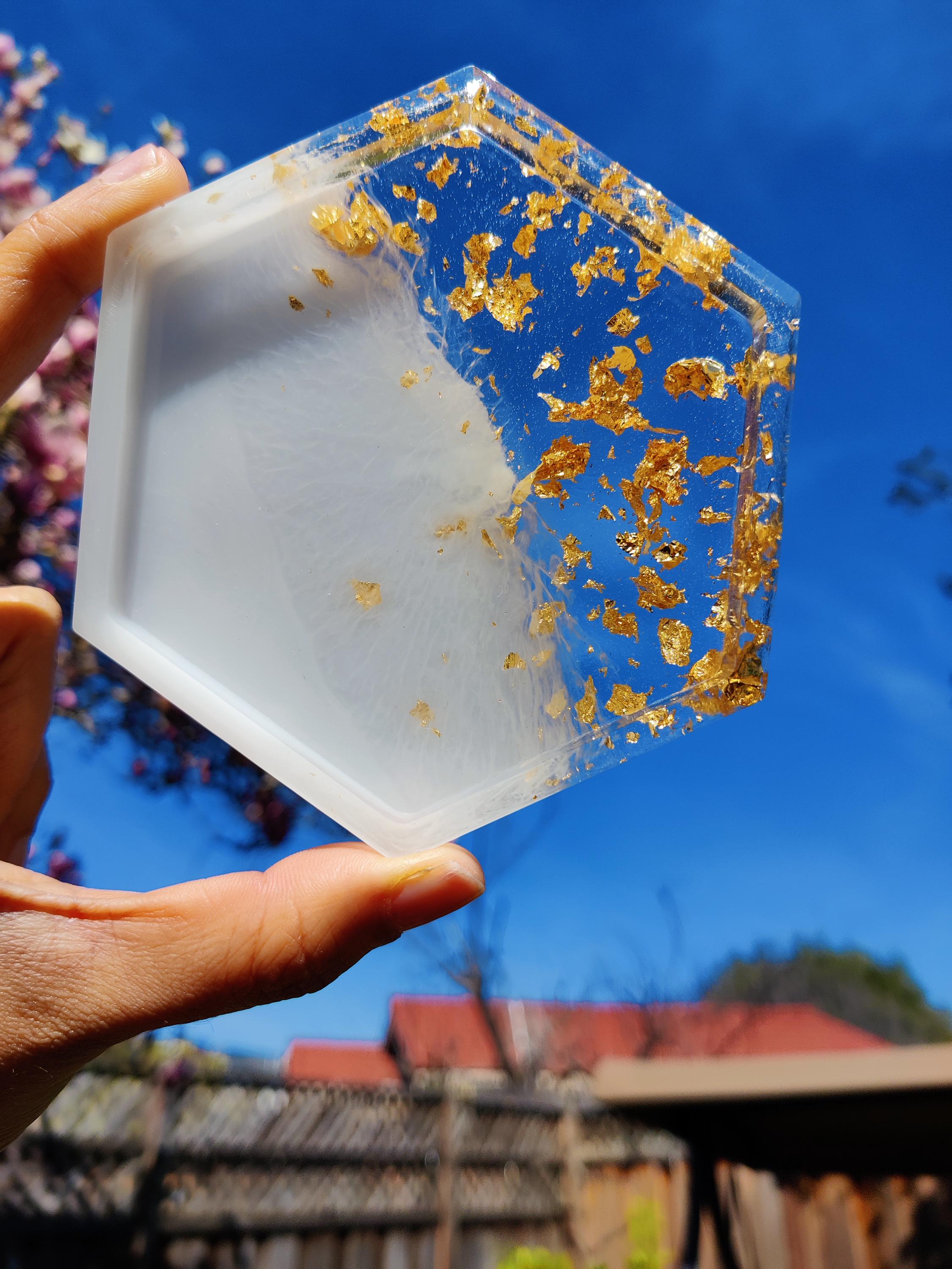 Triple Set Resin Hexagon Coasters with Milky White & Gold Flakes Elevate Your Decor