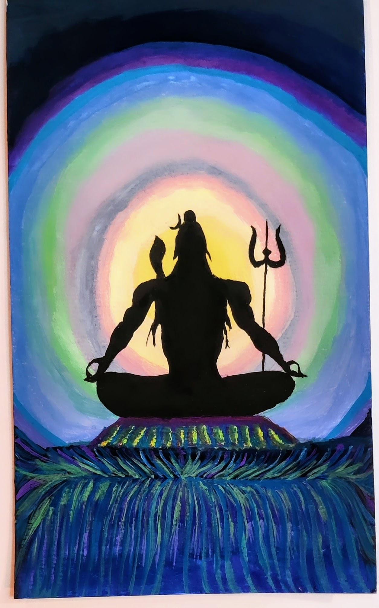 Lord Shiva Meditative Gouache Art Print Spiritual in Blue and Green Highlights