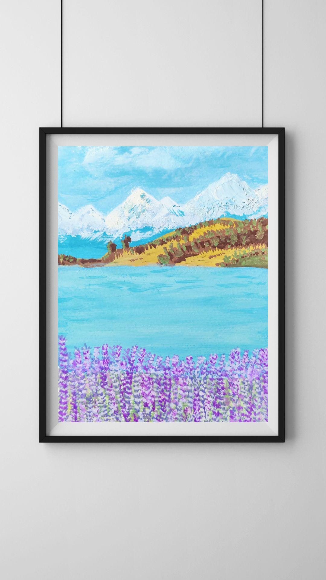 Stunning Lake Tekapo Gouache Art Print Wall Art  New Zealand Lavender Fields and Blue Waters  Bright Day Sky