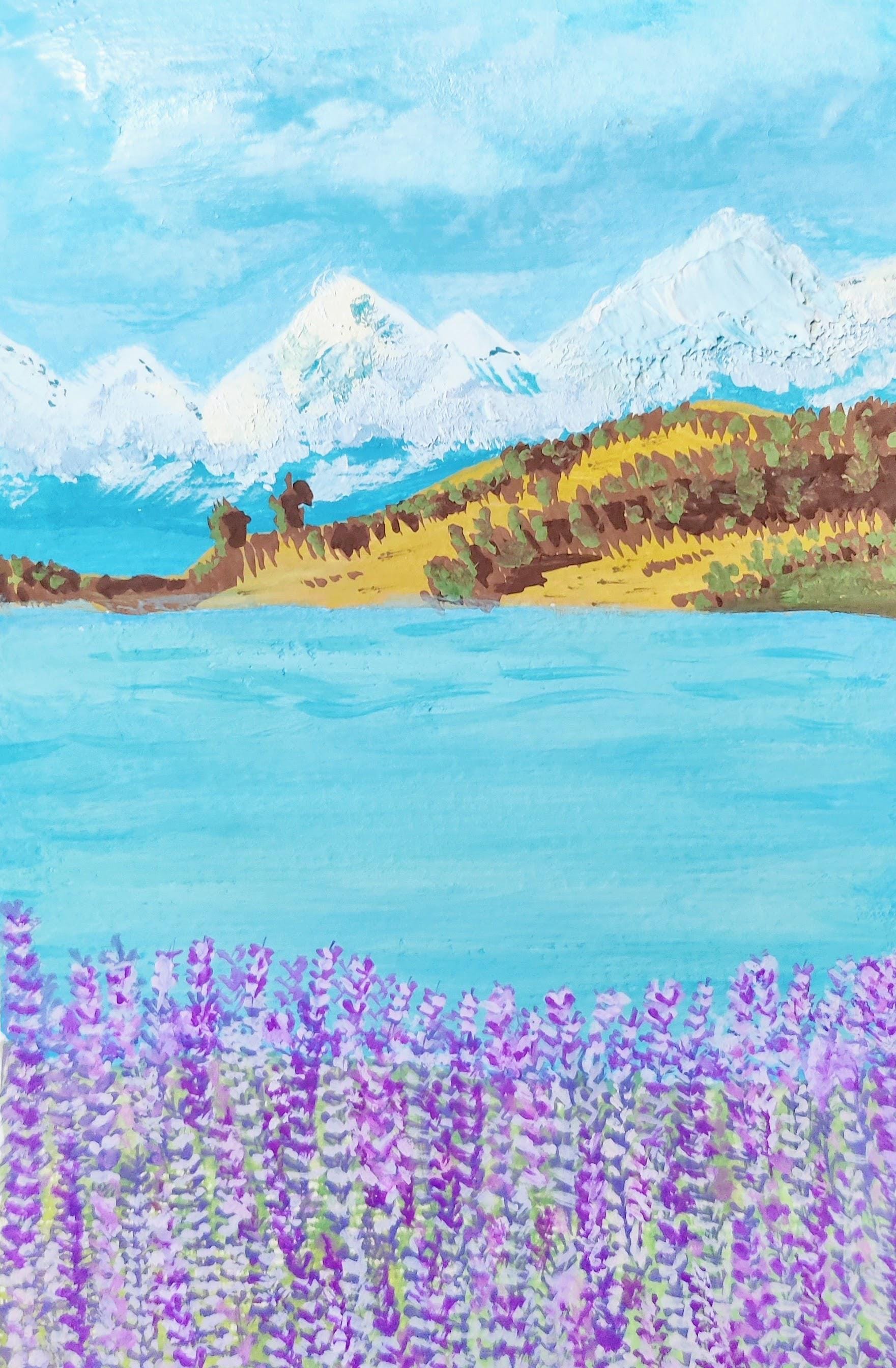 Stunning Lake Tekapo Gouache Art Print Wall Art  New Zealand Lavender Fields and Blue Waters  Bright Day Sky