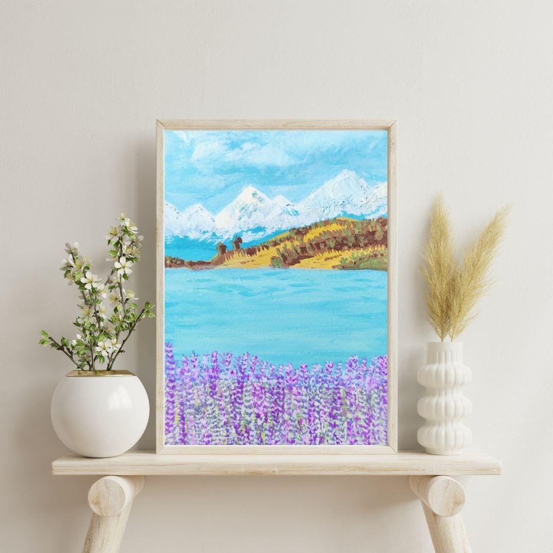 Stunning Lake Tekapo Gouache Art Print Wall Art  New Zealand Lavender Fields and Blue Waters  Bright Day Sky