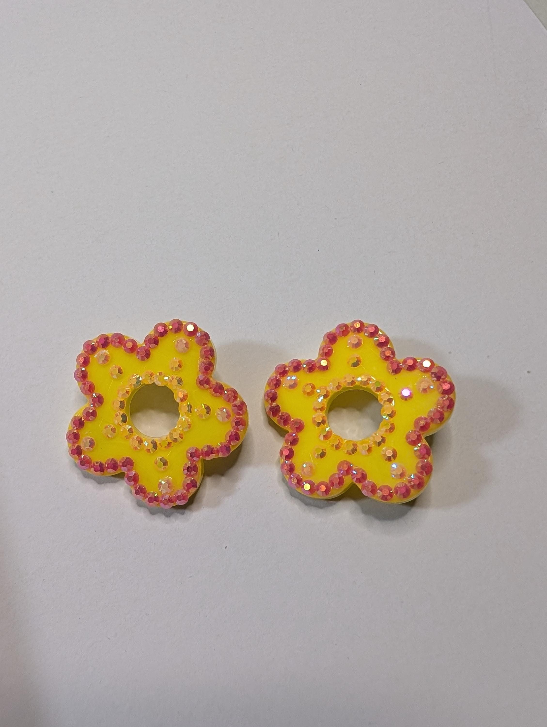 Bright Yellow Resin Flower Earrings with Hot Pink and Gold Rhinestone Embellishments Bold Statement Jewelry for Women