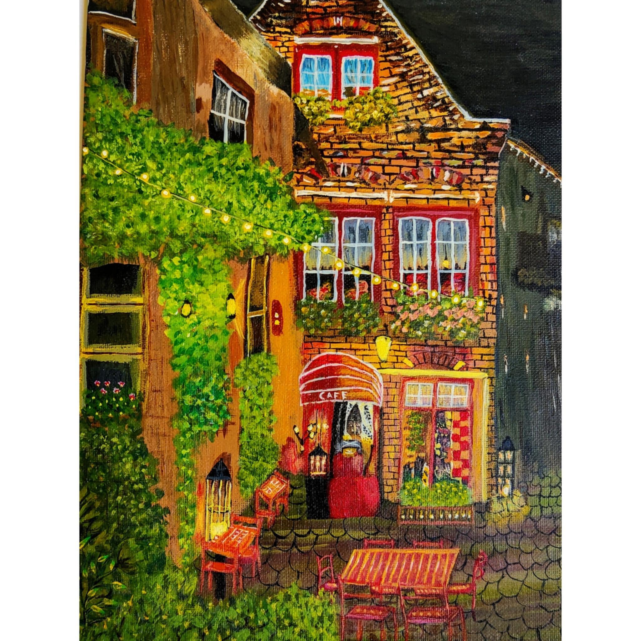 Brugge Night Street Scene Art Print  Charming Cafe & Fairyland Lights